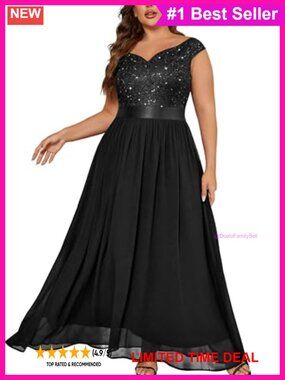 Plus Size Lace Sequin V-Neck Maxi Formal Evening Party Dress
